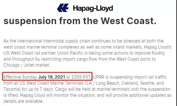 8月15日起，HPL征收美線5000$/箱增值附加費(fèi)！美西鐵路進(jìn)口轉(zhuǎn)運(yùn)暫停7天