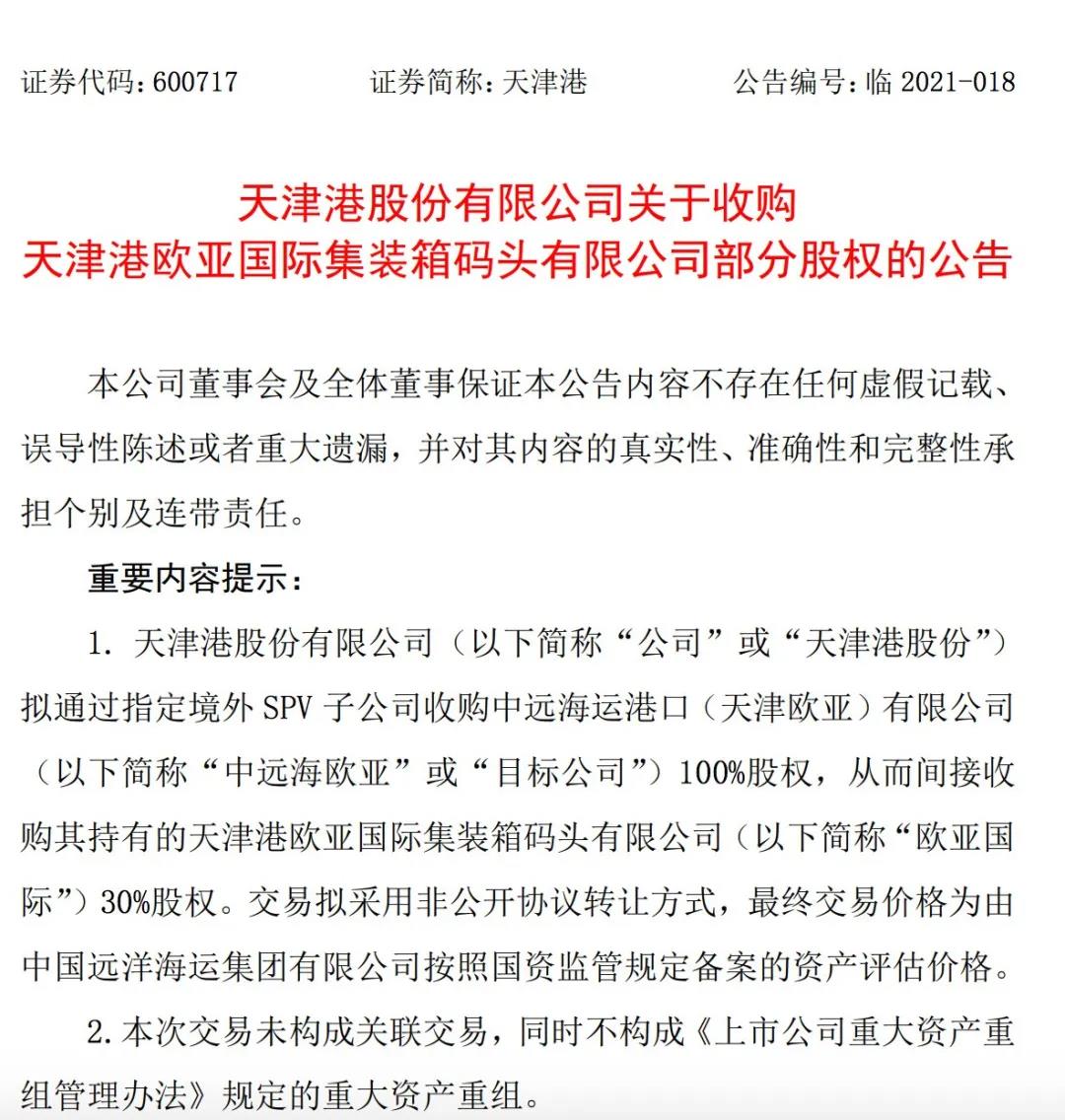 天津港股份擬收購中遠海歐亞100%股權  
