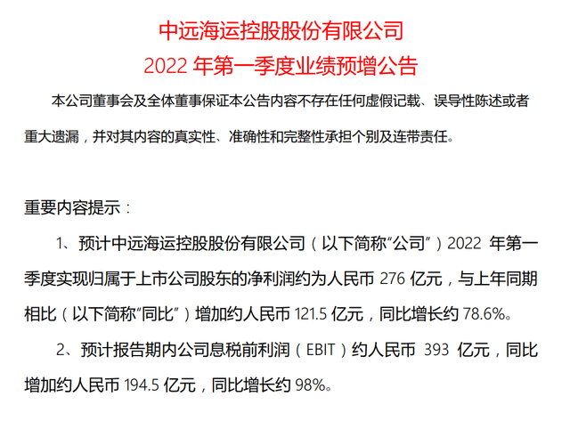 牛市繼續(xù)！中遠(yuǎn)?？匾患径壤麧櫛q至276億，股票大漲