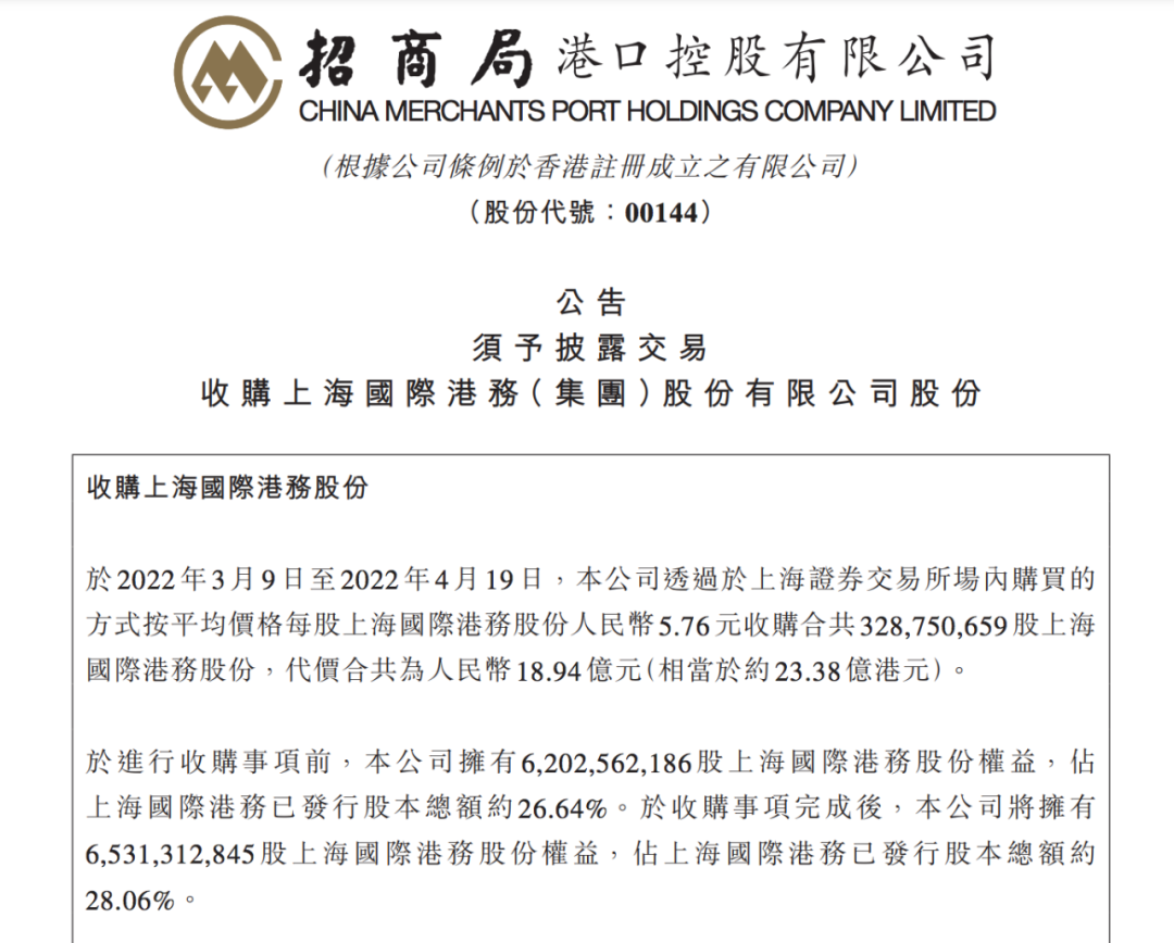 近19億元！招商局港口增持上港集團(tuán)股份