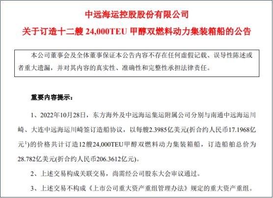 中遠(yuǎn)?？?00億元訂造12艘24000TEU集裝箱船！收購上港集團(tuán)及廣州港部分股份