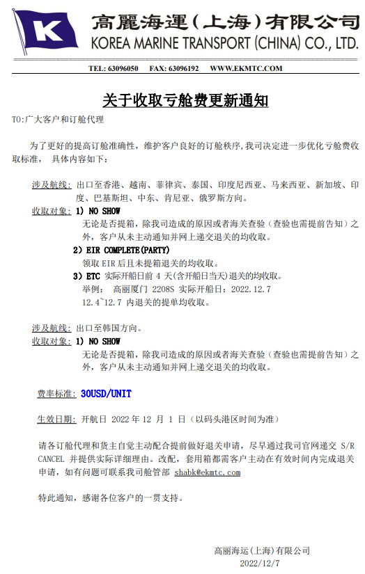 注意！維護訂艙秩序，這家船公司調整收取虧艙費通知！