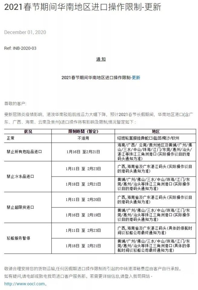 中遠海春節(jié)免箱期通知！港口春節(jié)免箱期也來了！船東春節(jié)停止接收運往華南貨物